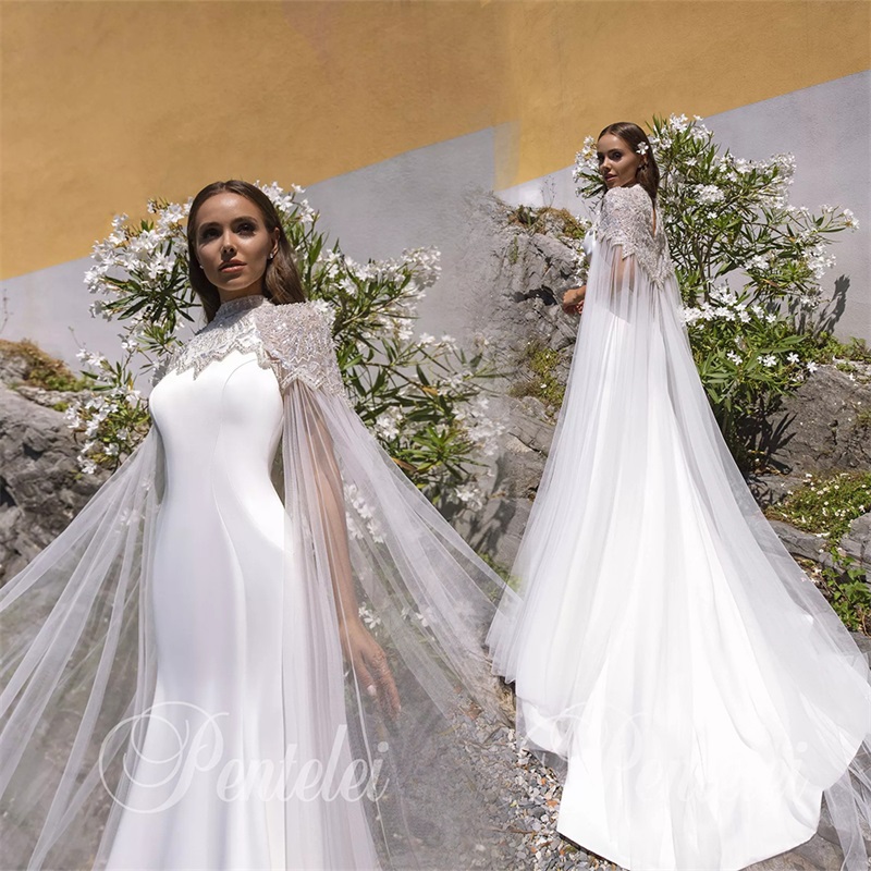 High-neck Wedding Dresses With Wrap Beach Sequins Beads Appliqued Bridal Gown Ruched Satin Custom Made Vestidos De Novia