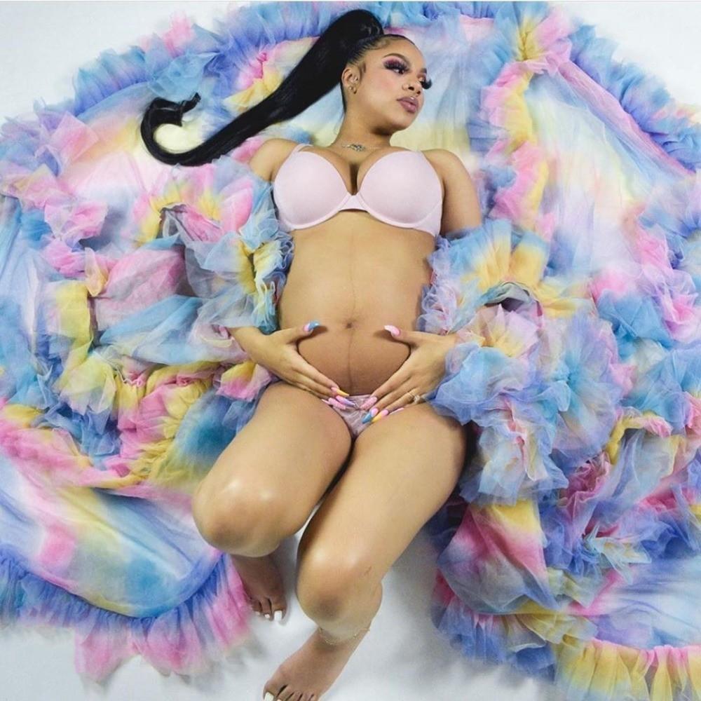 2021 Rainbow Maternity Robes Plus Size Women Sheer Long Prom Dresses Tiered Tulle Photoshoot Gowns Customise