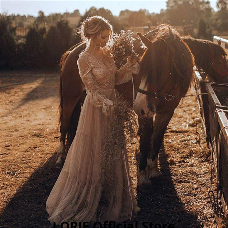 Hippie Bride Boho Beach Wedding Dresses Gown Champgane Lace Tulle Long Sleeve Off Shoulder Country Bridal Gowns Casual Bohemian vestido de noiva