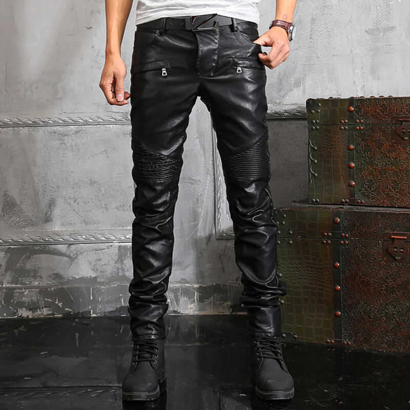 New France Style Mens Ripped Moto Pants Ribbed Skinny Black PU Leather Biker Slim Trousers Pencil Pants Size 29-401
