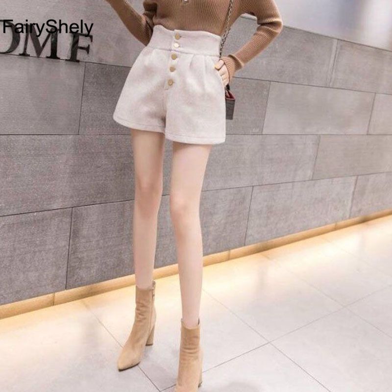 FairyShely 2020 High Waist Elasticated Shorts Women Vintage Wide Leg Wool Shorts Ladies Casual Plus Size Short Femme 5XL T200828