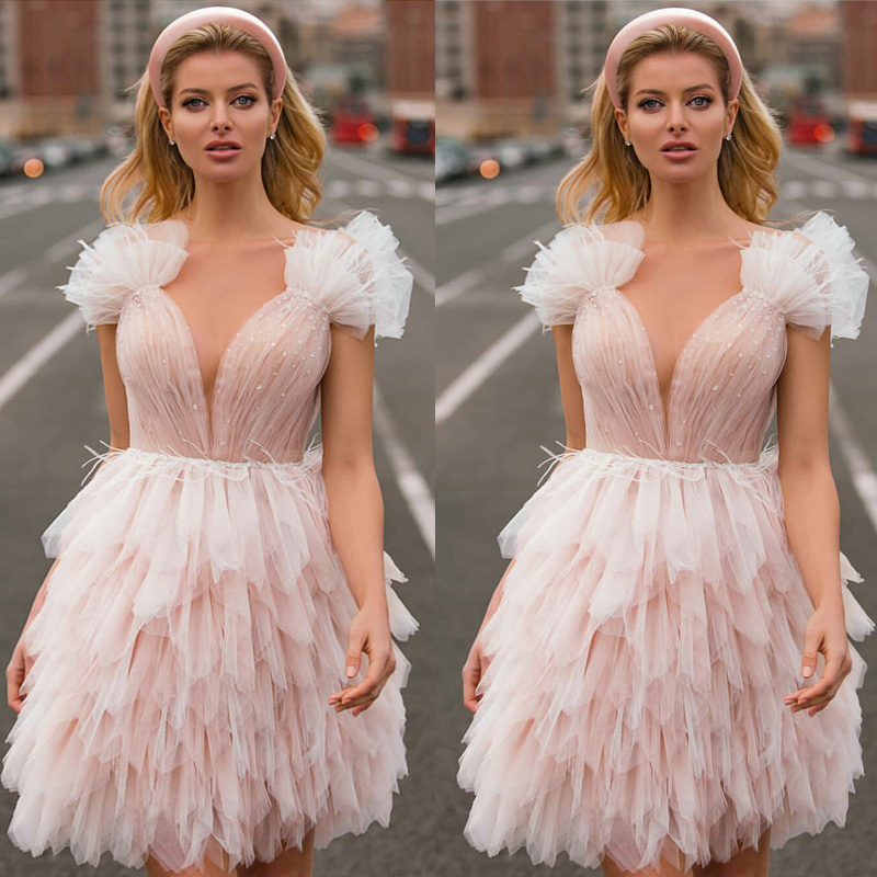 Blush Pink Mini Prom Dresses Sexy V Neck Tiered Ruffles Tutu Evening Gowns Short Backless Party Club Wear Vestido de fiesta