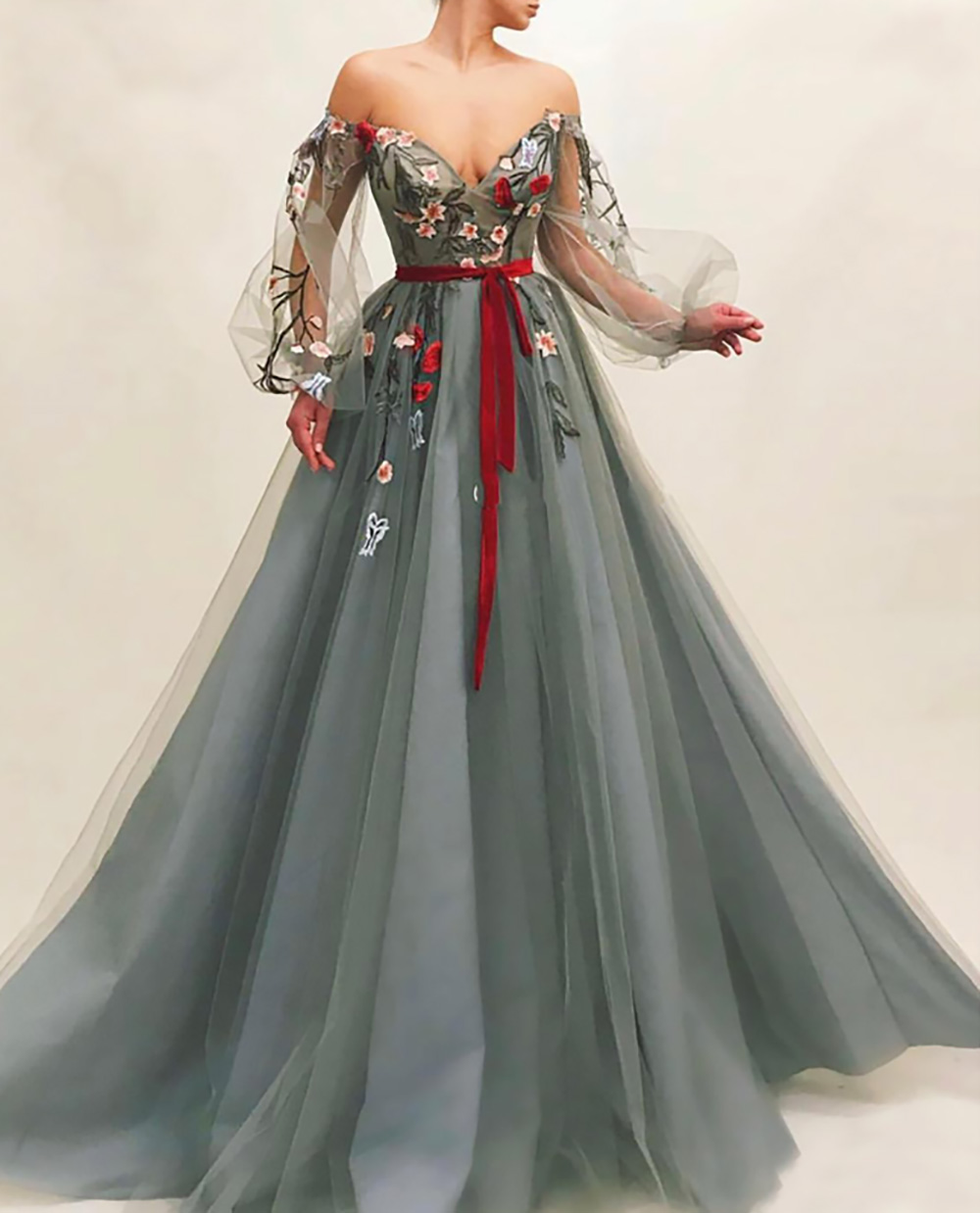 Gray Muslim Evening Dress Off Shoulder Embroidery Tulle Islamic Dubai Kaftan Saudi Arabic Long Sleeves Evening Gown Prom