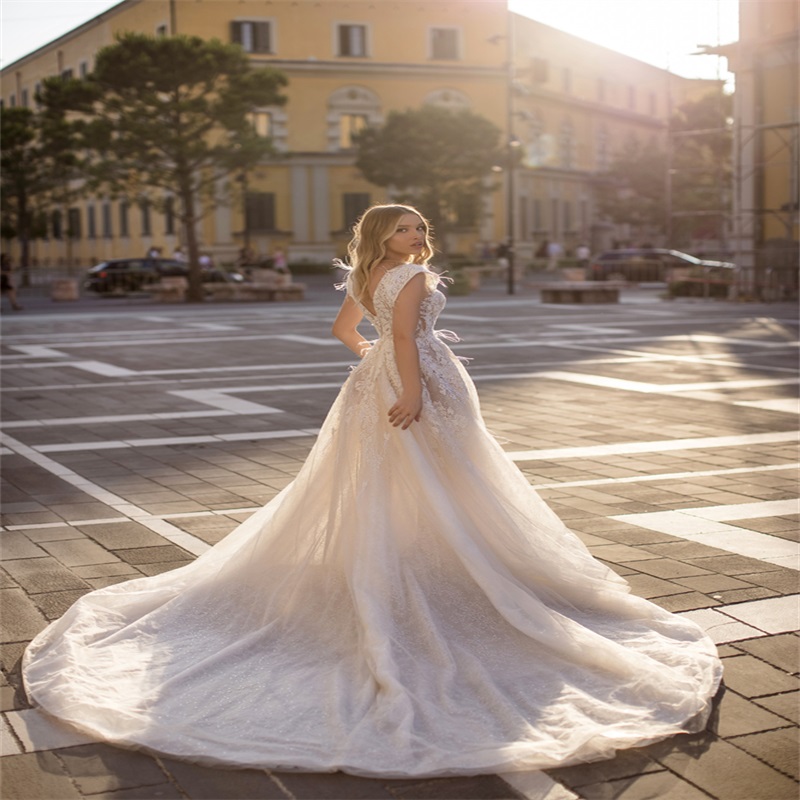 Elegant Newest A-line Wedding Dresses Sexy High V-neck Backless Feather Lace Applique Ruched Tulle Bridal Gown Vintage Wedding Dress