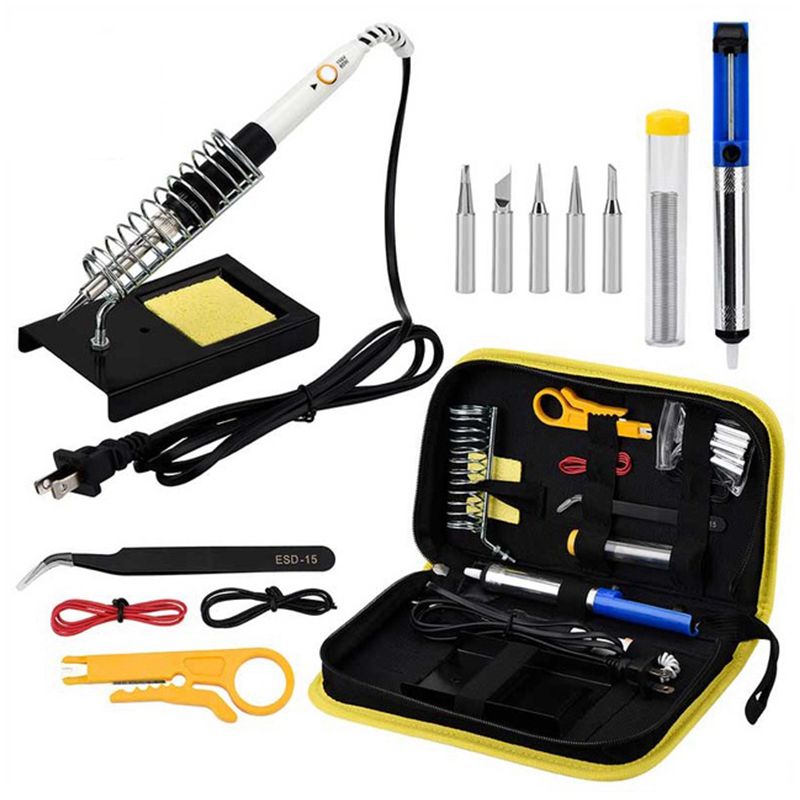 US Plug 60w 220v Adjustable Temperature Soldering Iron Kit yellow set +5 Tips+Desoldering Pump+Soldering Iron Stand
US Plug 60w 220v Adjustable Temperature Soldering Iron Kit yellow set +5 Tips+Desoldering Pump+Soldering Iron Stand