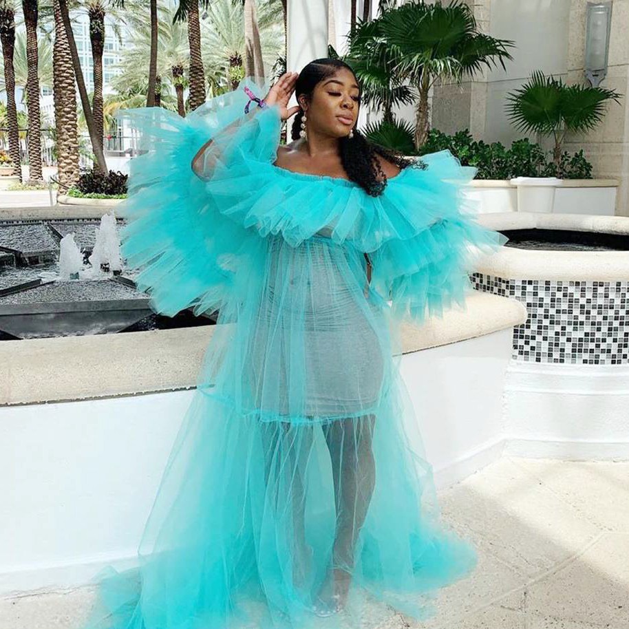 Illusion Maternity Dresses See Through Women Off Shoulder Half Sleeves Ruched Tulle Prom Dress for Photo Shoot Baby Shower