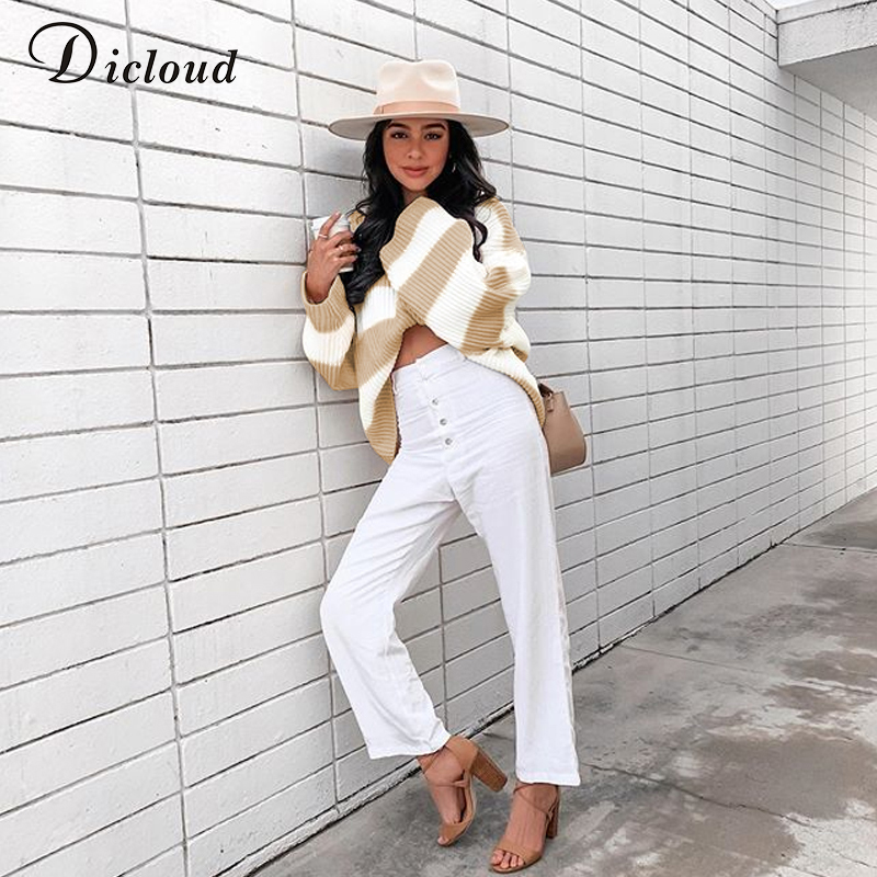DICLOUD Casual Oversized Striped Sweater Women Autumn Long Sleeve Loose Pullover Winter Knitted Ladies Jumper White Top