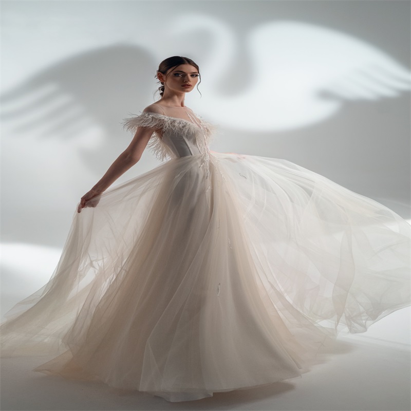 Papilio A-line Gorgeous Wedding Dresses 2025 Newest Illusion Feather Appliqued Ruched Tulle Bridal Gown Church Robes De Marine