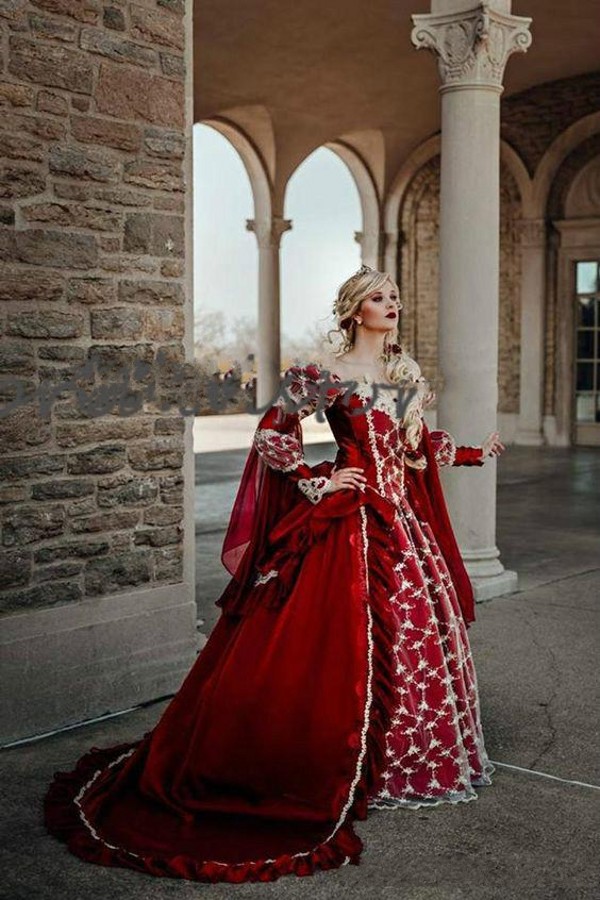 Fantasy Red Queen Gothic Wedding Dresses Halloween Medieval Country Garden A Line Wedding Dress With Lace Long Sleeves Corset Bridal Gowns