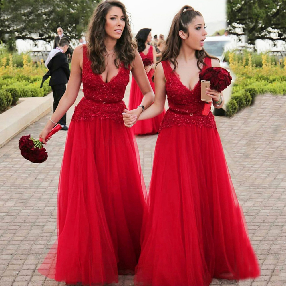 Sexy Red New Prom Dresses Long Tulle Gown Sequin Lace Top Evening Dress Sexy V Neck Girl Peplum Waist Belt Formal Gown