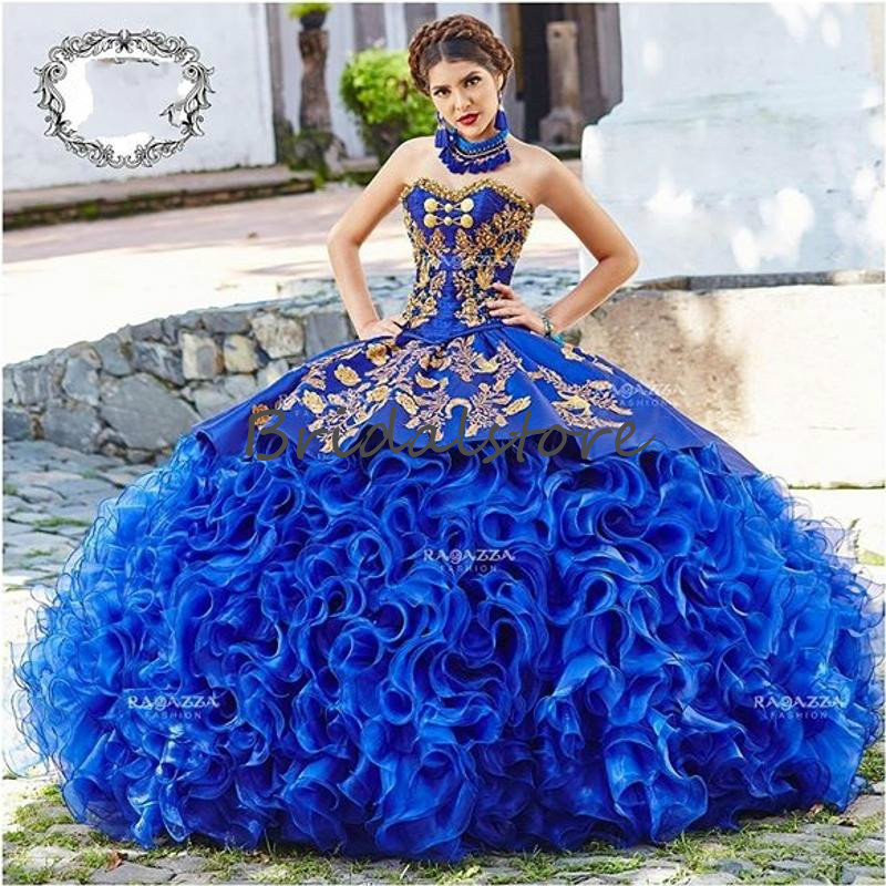 Royal Blue Quinceanera Dresses Mexican 2020 Gorgeous Gold Appliques Prom Gowns Heavy Handmade Organza Ruffles Sweet 16 Pageant Dress Corset