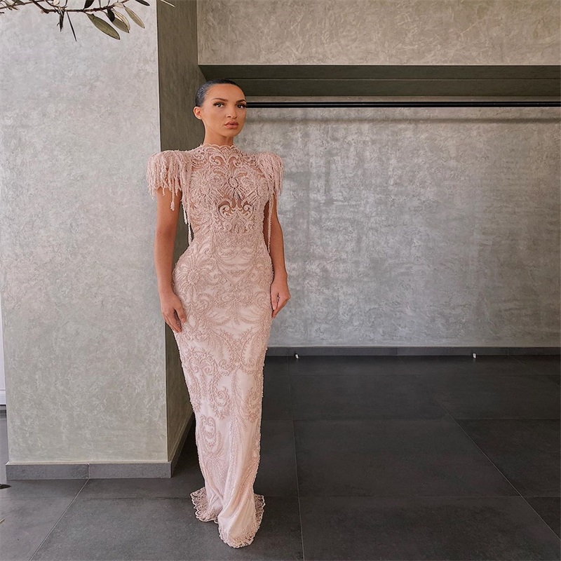 gorgeous newest mermaid evening dress highneck appliqued beads tassel formal prom dress designer hot sale custom made runway fashion dress
