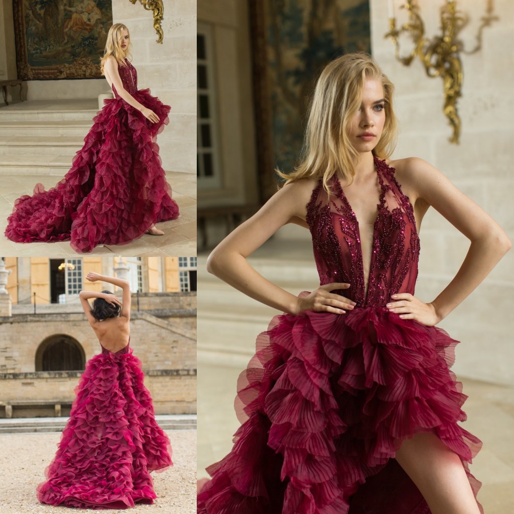 2020 Hi-lo Evening Dresses Sexy Backless Halter Beads Sequins Ruched Tiered Tulle Prom Dress Custom Made Formal Sweep Train Evening Gown