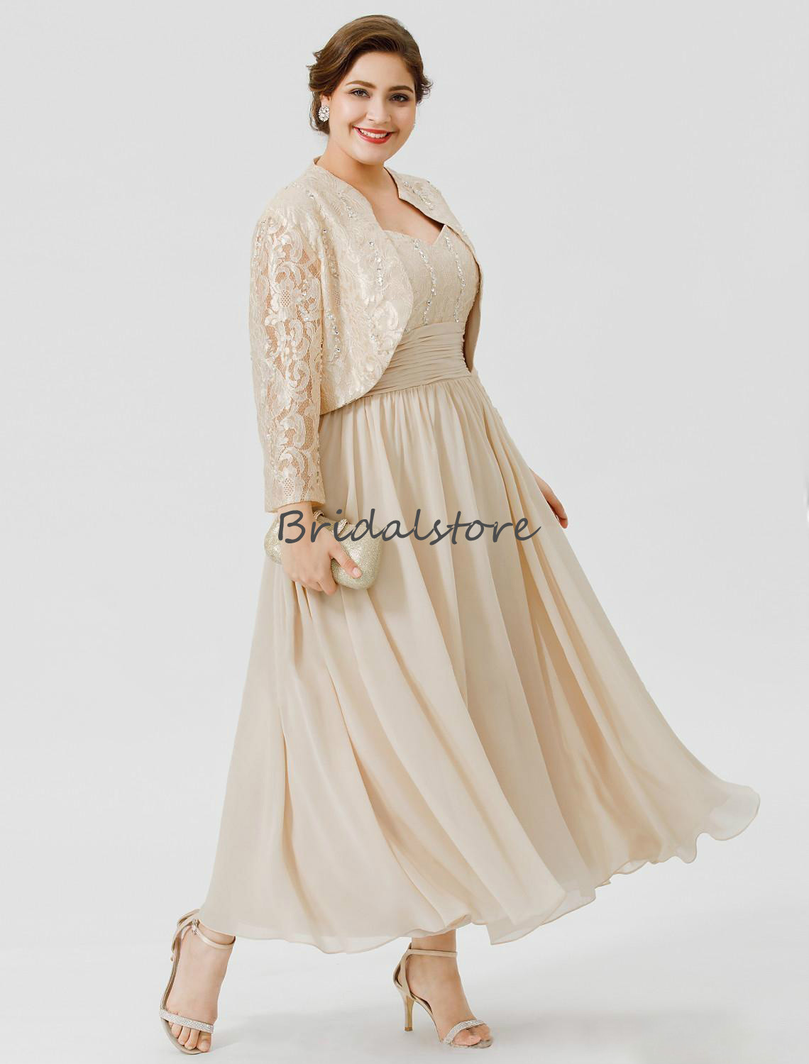 Plus Size Two Piece Mother Of The Bride Dresses Outfits Champagne A Line Ankle Length Chiffon Lace Beaded Mom Evening Dress With Jacket