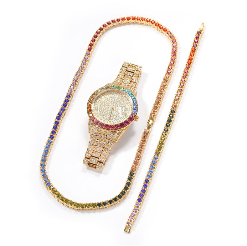 Single row crystal hip hop color zircon Gold Silver Men Watch & Necklace & Bracelet Set Hip Hop Three piece set Holiday gift