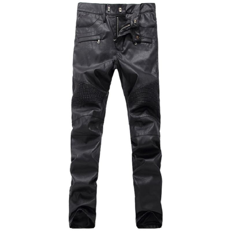 Mens Ripped Moto Pants Ribbed Skinny Black PU Leather Biker Slim Trousers Pencil Size 28-40 France Style