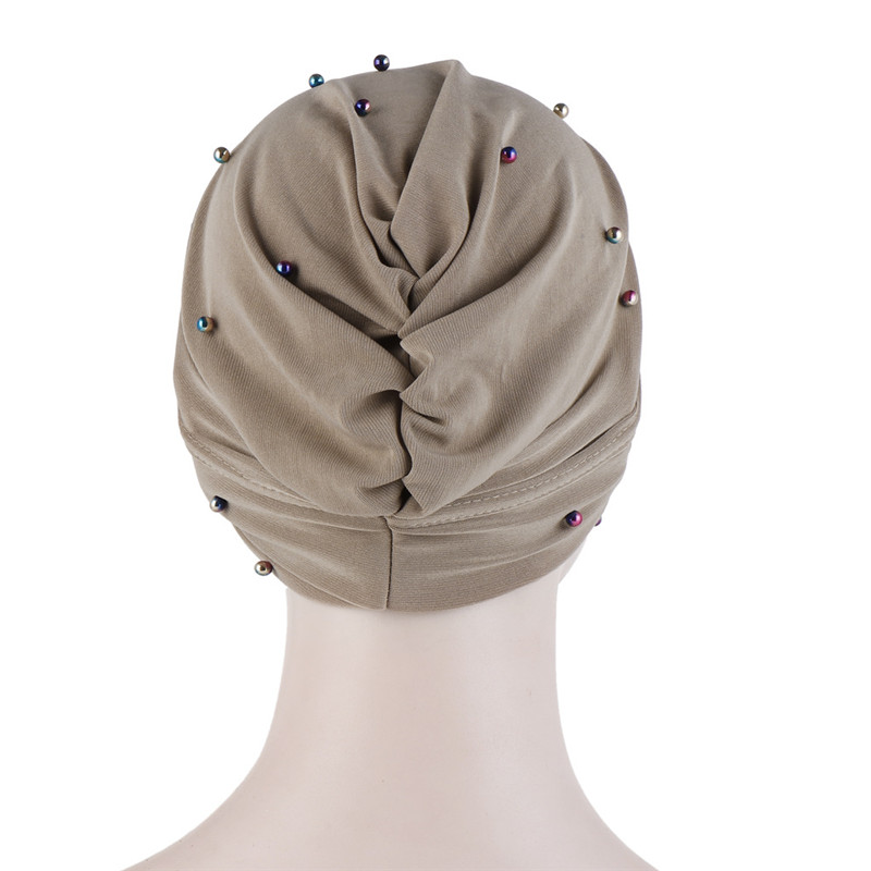 2020 Fashion Cross Headscarf Hat Solid beading Inner Hijab Bonnet Handmade Linen Muslim Turban Cap Islam Arab Wrap Head Hats