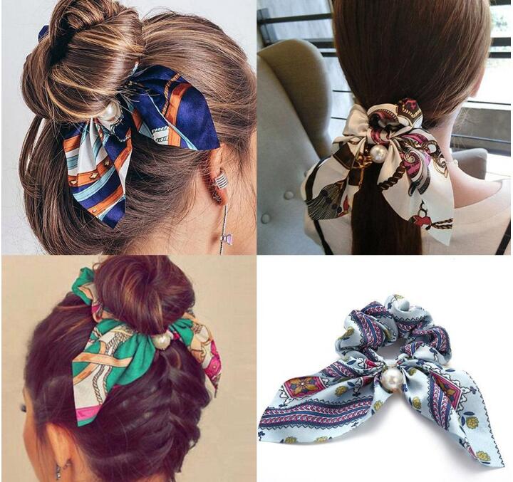 2020 New Chiffon Bowknot Silk Scrunchies Women Pearl Ponytail Holder Tie Hair Rope Rubber Bands Accessories GD555