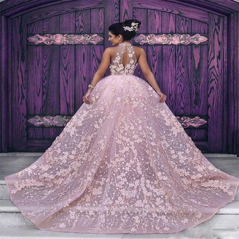 2021 Gorgeous Pink A-line Wedding Dresses With Detachable Train High-neck Sleeveless Appliqued Lace Bridal Gown Chapel Robes De Mariée