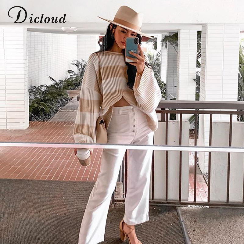 DICLOUD Casual Oversized Striped Sweater Women Autumn Long Sleeve Loose Pullover Winter Knitted Ladies Jumper White Top