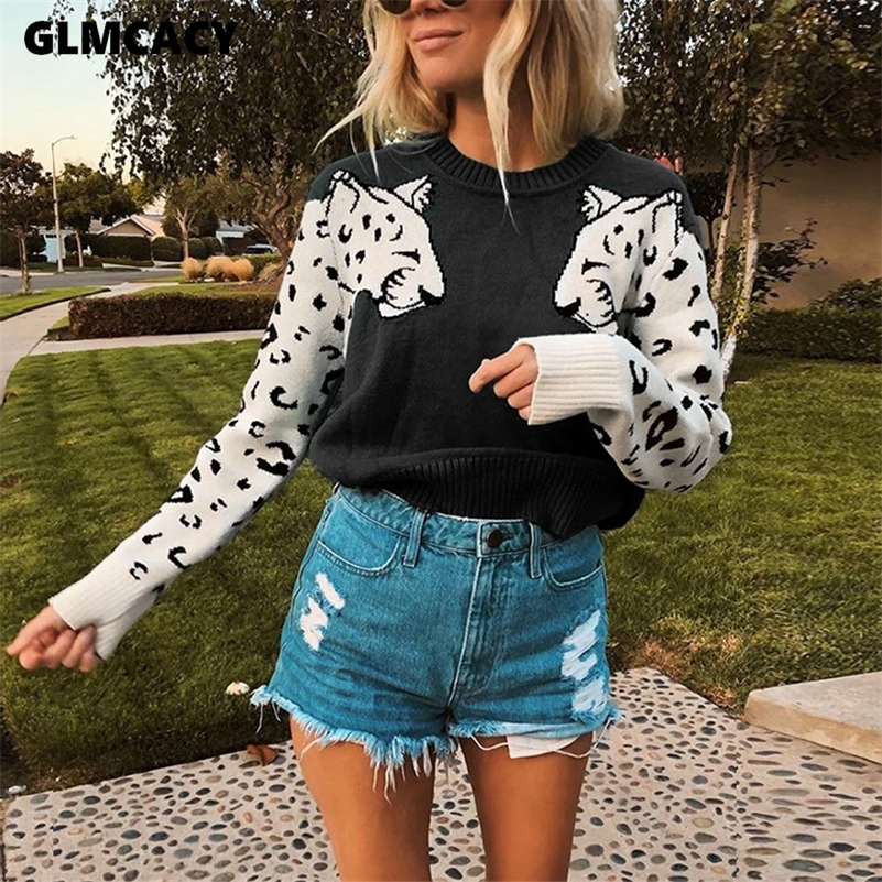 Women Animal Knitted Casual O Neck Long Sleeve Sweater Pullovers Autumn Basic Pull Femme Knitting Sweaters Jumpers Y200819