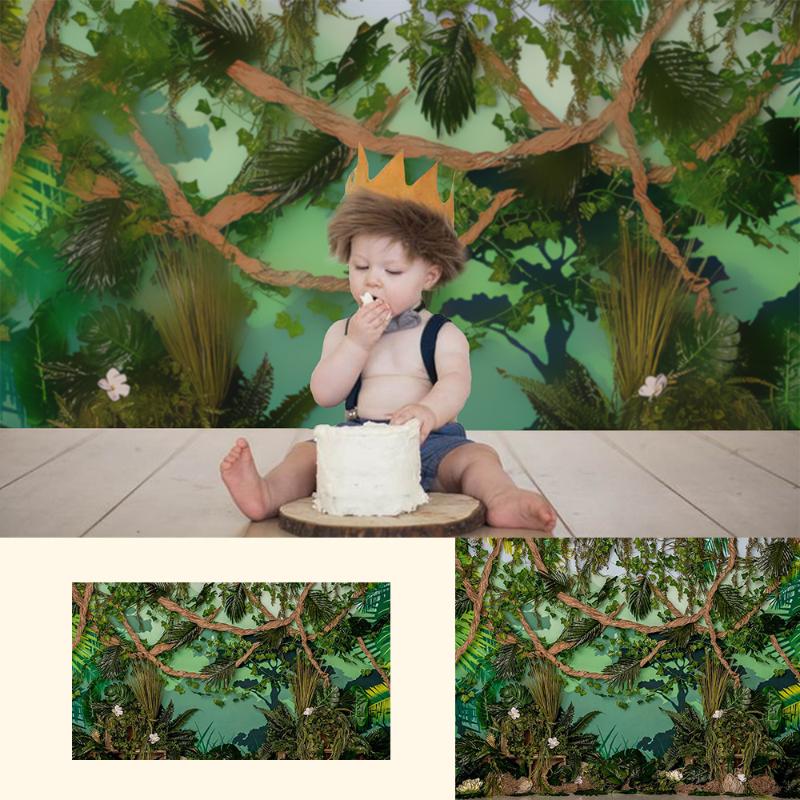

Safari Party Wild One Birthday Photo Background Photo Shoot Green Jungle Forest Baby Kids Portrait Backdrop Woodland Photography