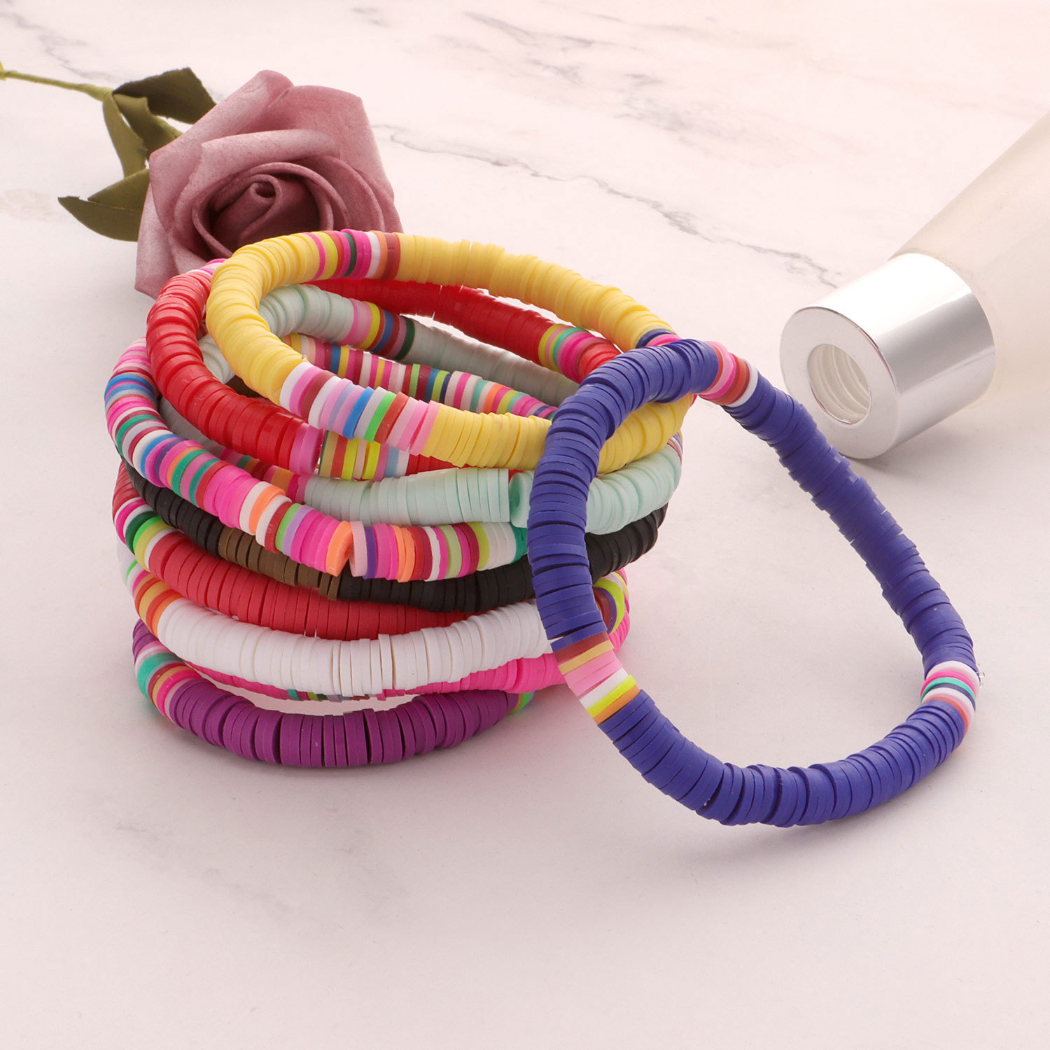 12PCS Soft Clay Surfer African Beads Choker Colorful Jelly Bracelet Elastic Handmade Boho Lightweight for Women Girls 6mm Summer Beach