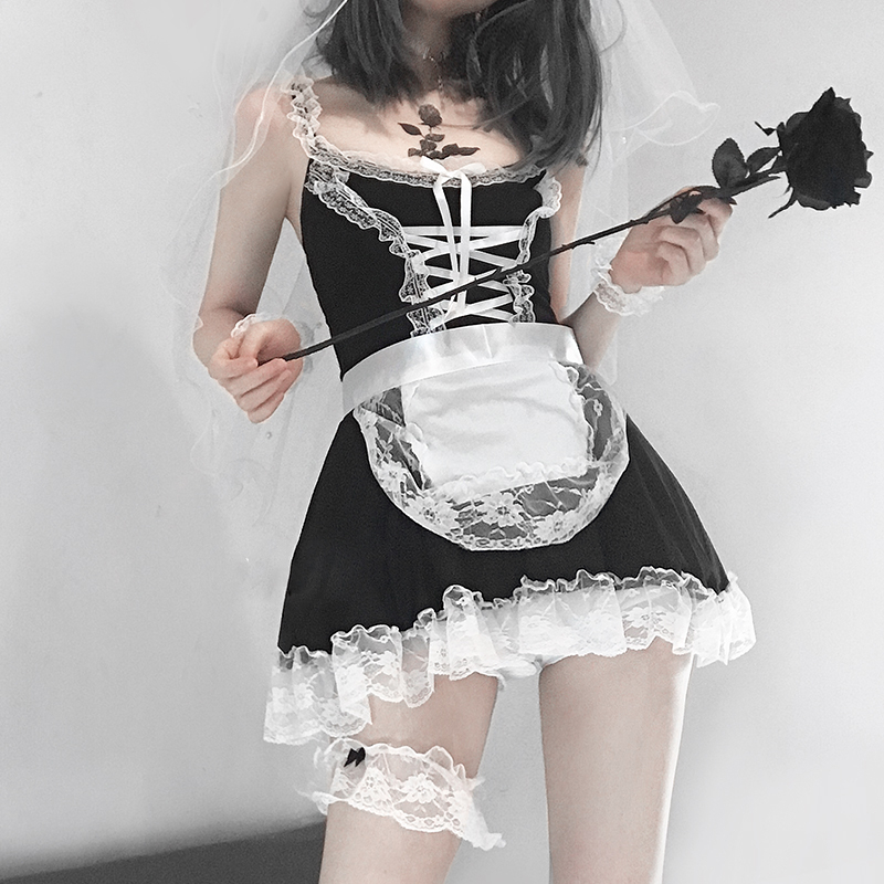 

Women Sexy Lingerie Cosplay French Apron Maid Servant Lolita Hot Costume Babydoll Dress Uniform Erotic Role Play Cute Live Show, Black