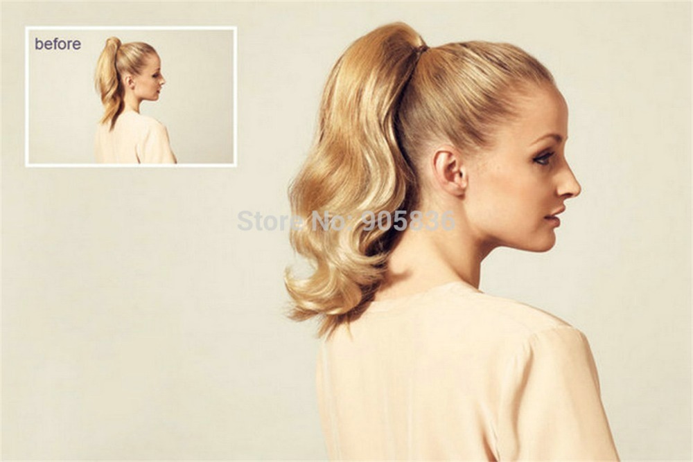 14" Hair Piece Pony Tail Clip On Extension Voluminous Fancy Wavy virgin Russian hair bleached Blonde 613 10a grade 140g