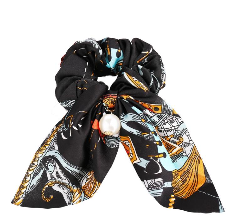 2020 New Chiffon Bowknot Silk Scrunchies Women Pearl Ponytail Holder Tie Hair Rope Rubber Bands Accessories GD555