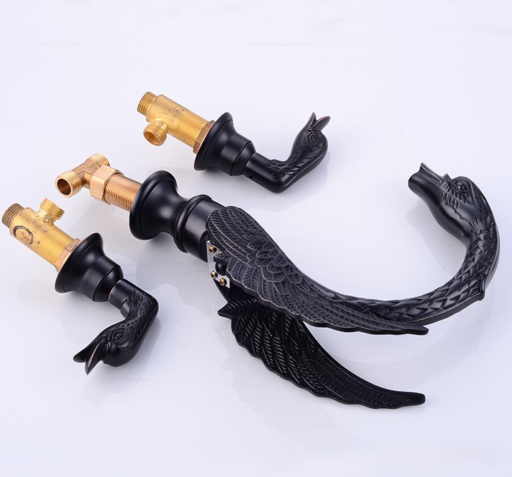 Soild Copper Gold Finish Bathroom Faucet Golden Swan Shape Basin Tap Dual Handle Deck Mount