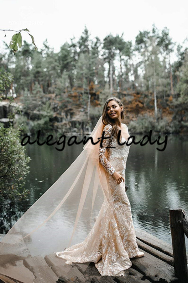 Forest Nude Champagne Mermaid Wedding Dresses 2021 V-neck Lace Applique Bohemian rustic country wedding gowns bestidos de novias