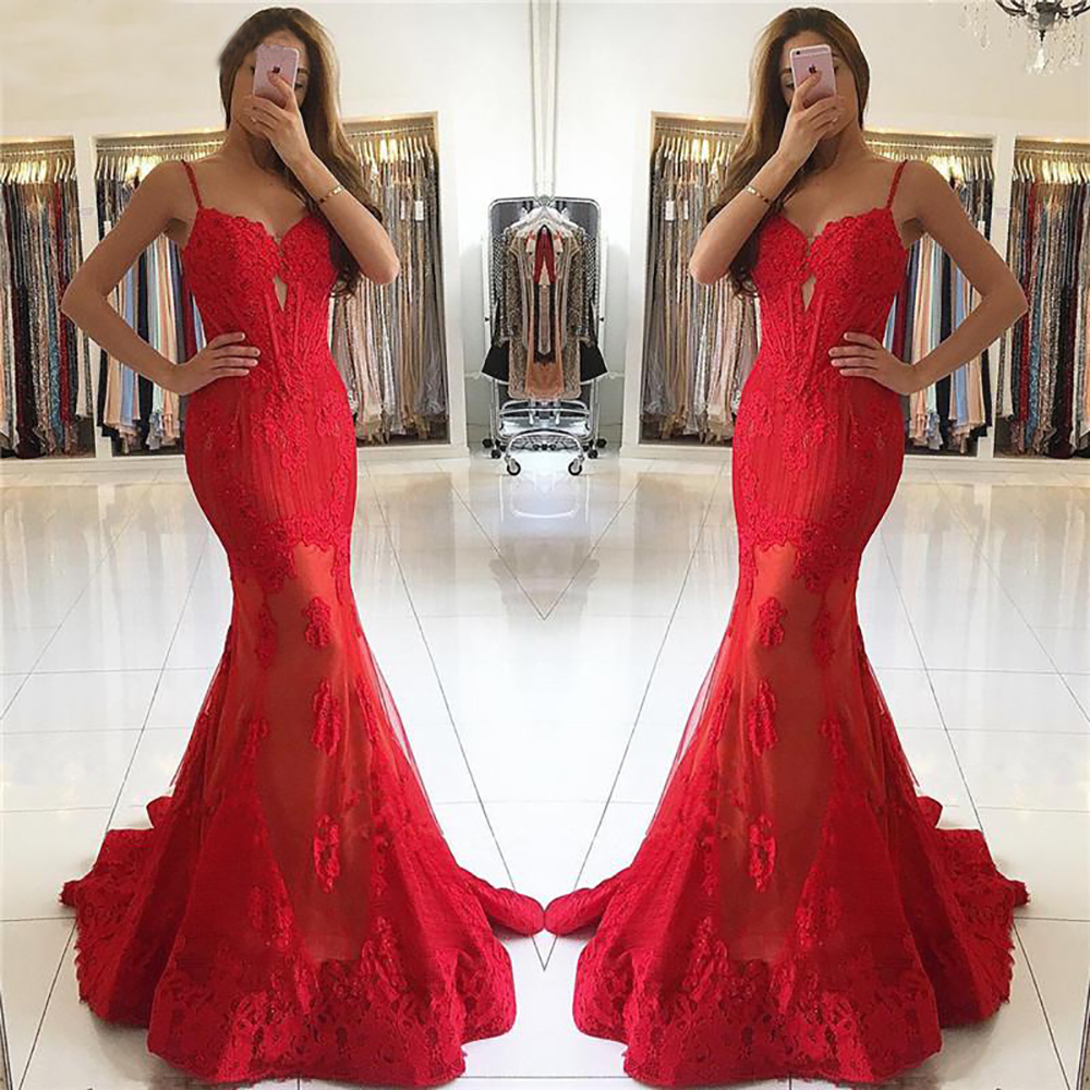New Sweetheart Appliques Lace Prom Dresses robe de soiree Spaghetti Straps Mermaid Red Long Evening Dress