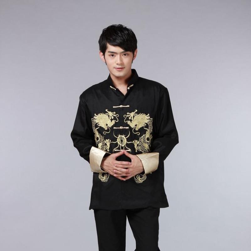 8 Color Chinese Shirt Traditional Chinese Clothing for Men Top Men Tang Suit Dragon Satin Long Sleeve Costume Retro