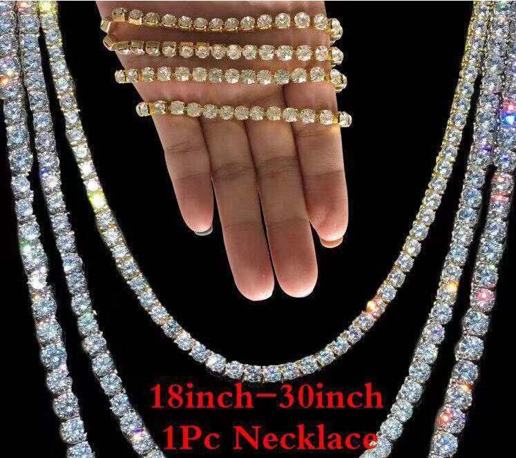 Men Hiphop Iced Out Chains Diamond Tennis Chain Hip Hop Necklace Bracelet 3mm 4mm 9-30 inch Silver Gold Necklaces Bracelet