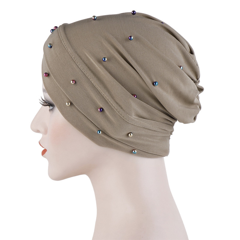 2020 Fashion Cross Headscarf Hat Solid beading Inner Hijab Bonnet Handmade Linen Muslim Turban Cap Islam Arab Wrap Head Hats