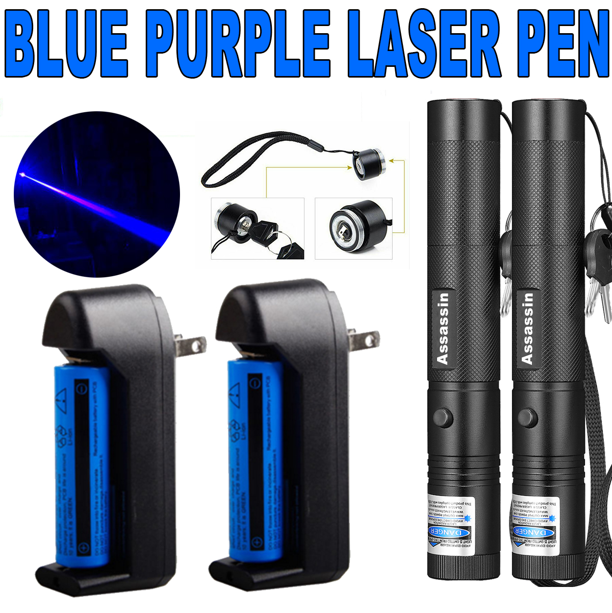 2PACK 301 Powerful Blue Violet Laser Pen Pointer 405nm Beam Light Teaching Focus Laser Pen+ 18650 button top Battery + Charger