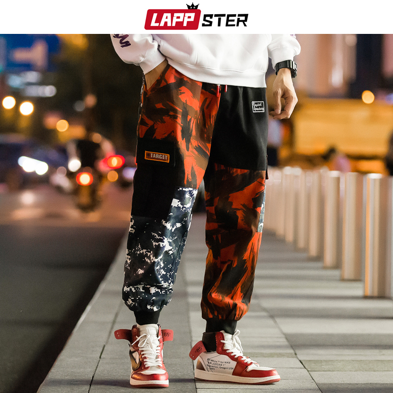 LAPPSTER Men Color Block Cargo Pants Streetwear Hip Hop Harem Pant Ankel Length Camo Pants Patchwork Sweatpants Camouflage 200925