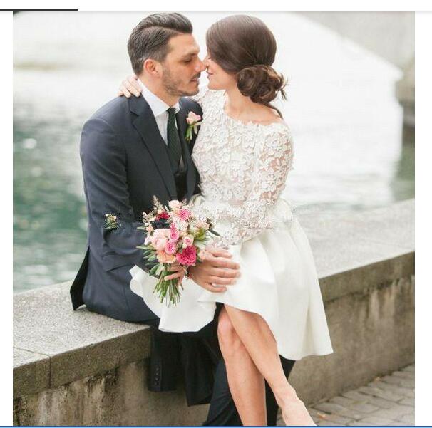 Modest Knee Length Short Long Sleeve Lace Wedding Dresses Modern Bridal Gowns Scoop A Line Garden Satin Knee Length Fashionable, Black
Modest Knee Length Short Long Sleeve Lace Wedding Dresses Modern Bridal Gowns Scoop A Line Garden Satin Knee Length Fashionable, Black