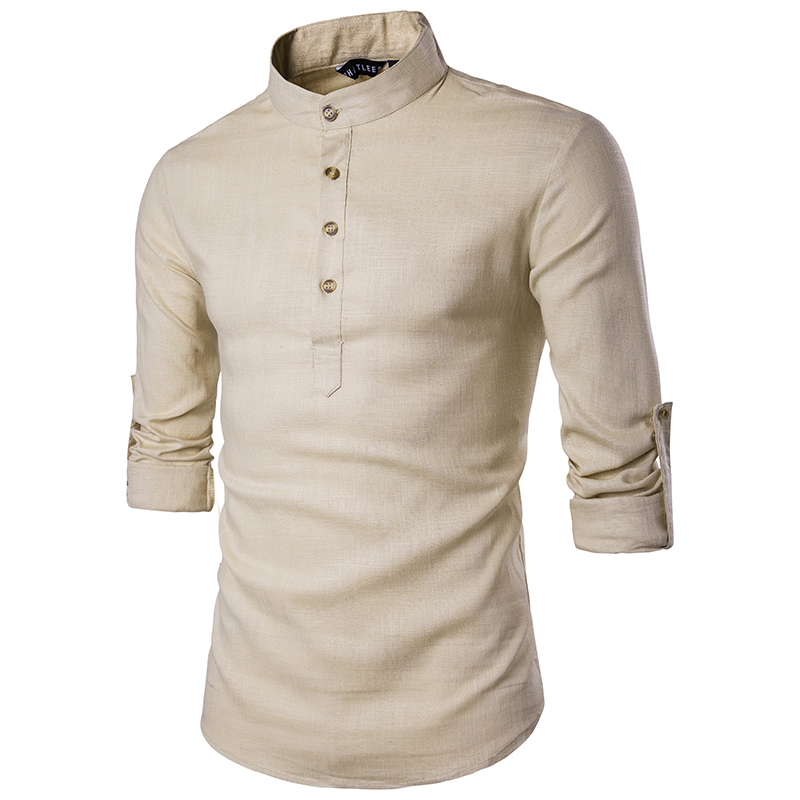 Men casual Shirt long sleeve Mandarin Collar shirts solid color Traditional Chinese Style shirt Cotton Blended plus size 200925