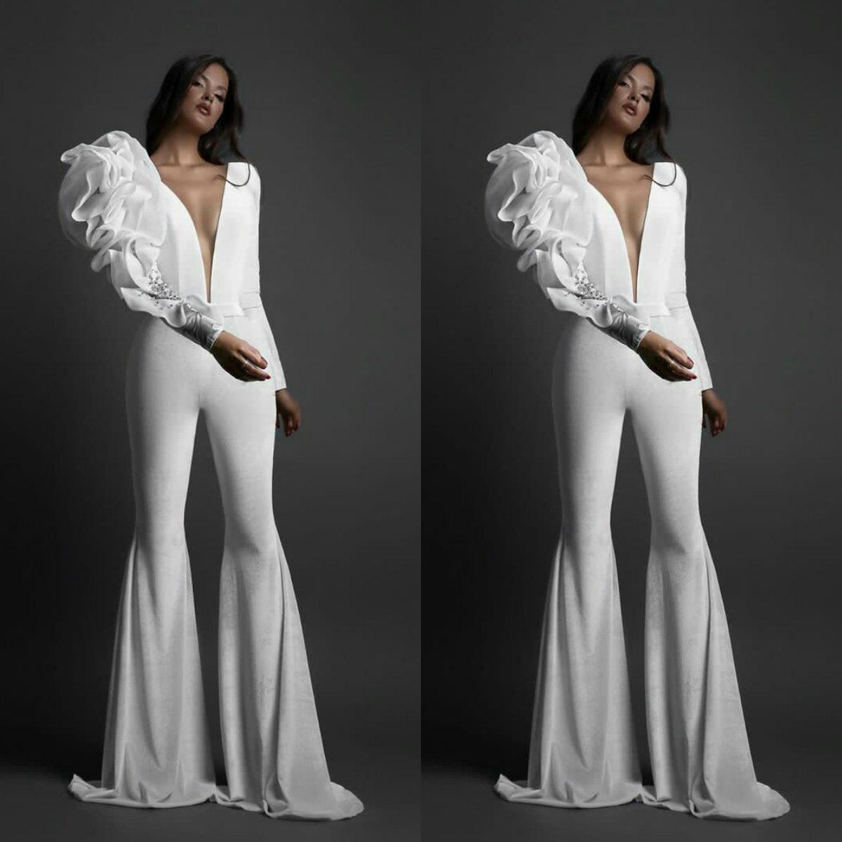 Satin Deep V Neck Jumpsuits Long Sleeves Women Prom Dresses with Ruffles robes de mariée Fashion Celebrity Evening Gowns