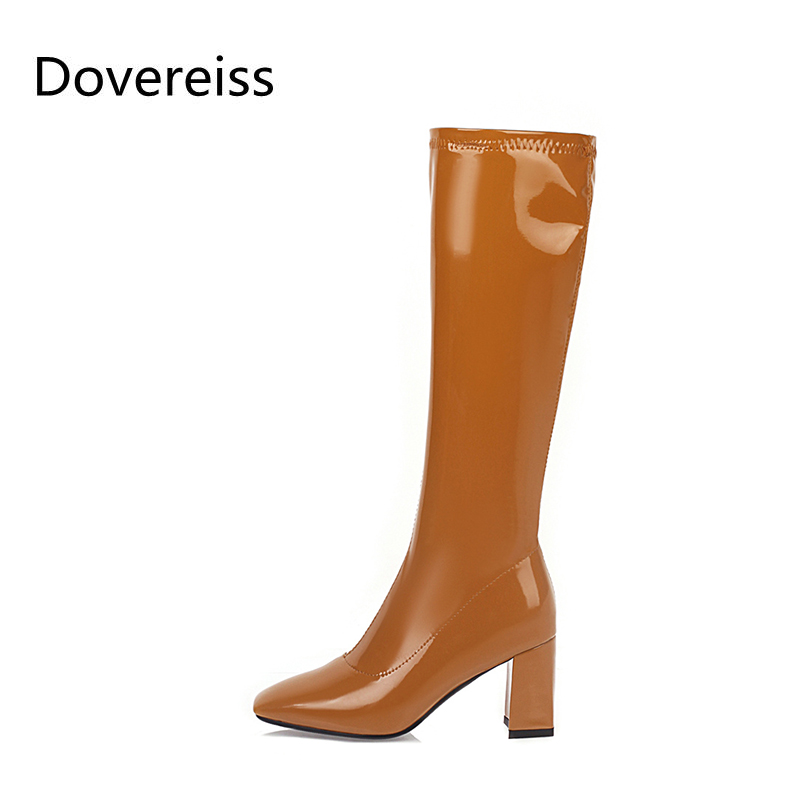 Dovereiss Fashion Women's Shoes Winter Sexy Elegant Knee high boots Square toe Ladies Boots Chunky heels Mature 31-49, Black