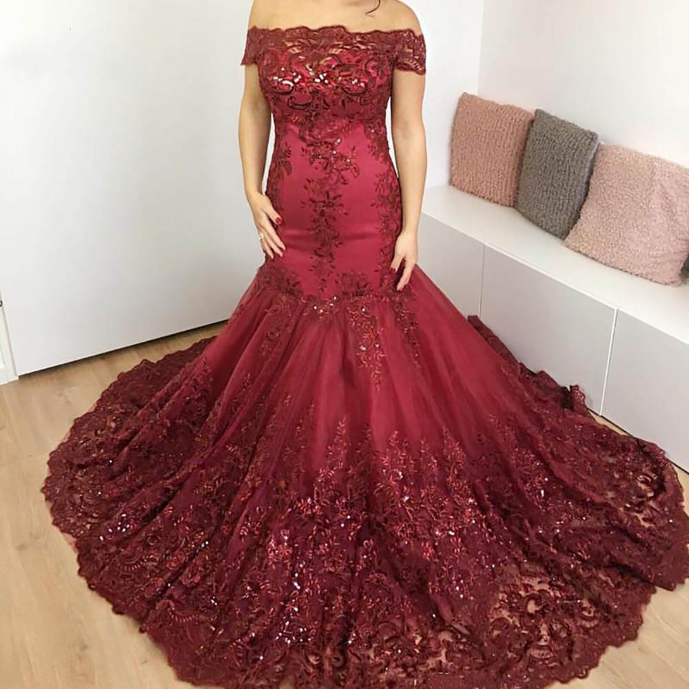 New Off The Shoulder Elegant Prom Dresses Mermaid Trumpet Lace Appliques Prom Gown Evening Dresses Robe De Soiree