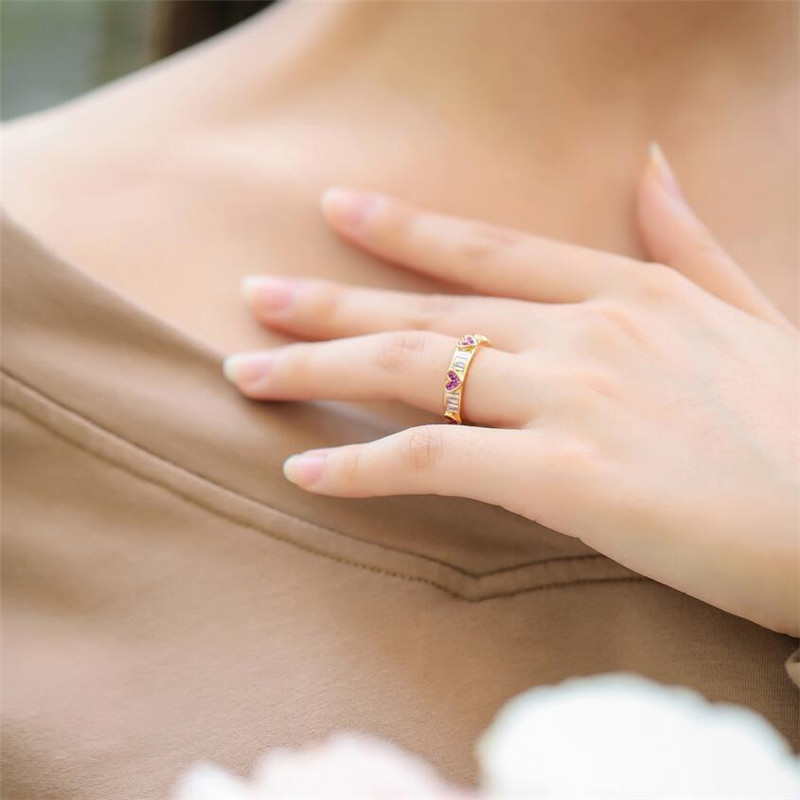 Classical Fine Jewelry Hot Sale 925 Sterling Silver&Gold Fill Pink Sapphire CZ Diamond Gemstones Heart Shape Women Wedding Band Ring Gift