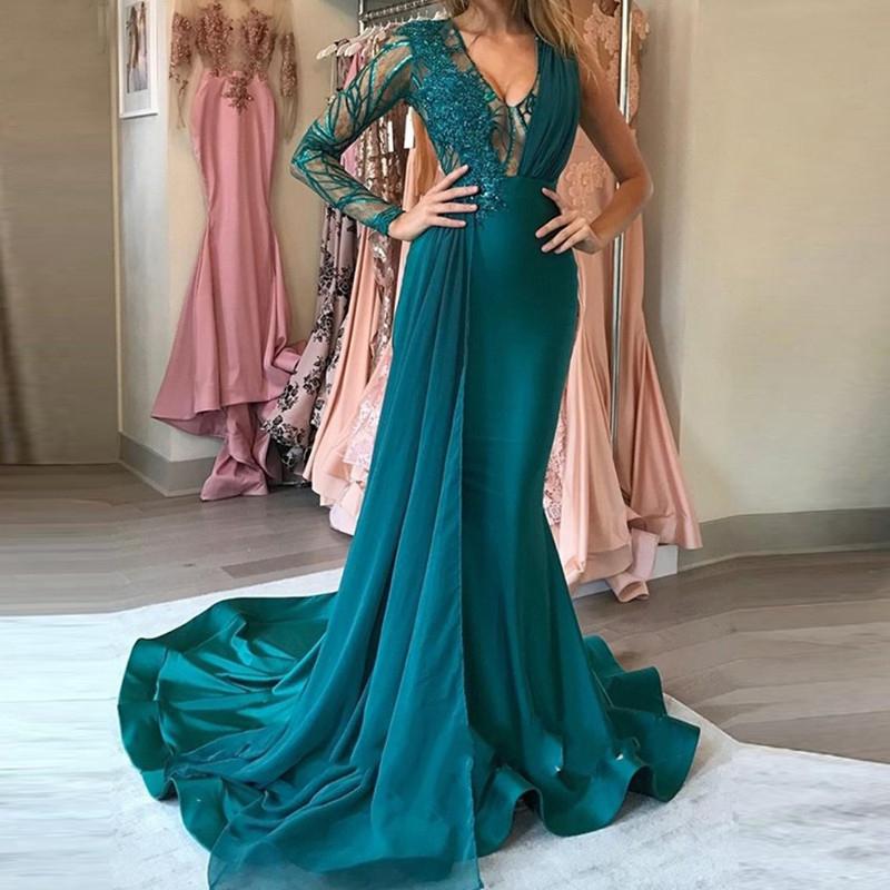 Elegant Mermaid Evening Dresses Sexy Deep V Neck Illusion One Sleeve Custom Made Sweep Train Party Prom Dress