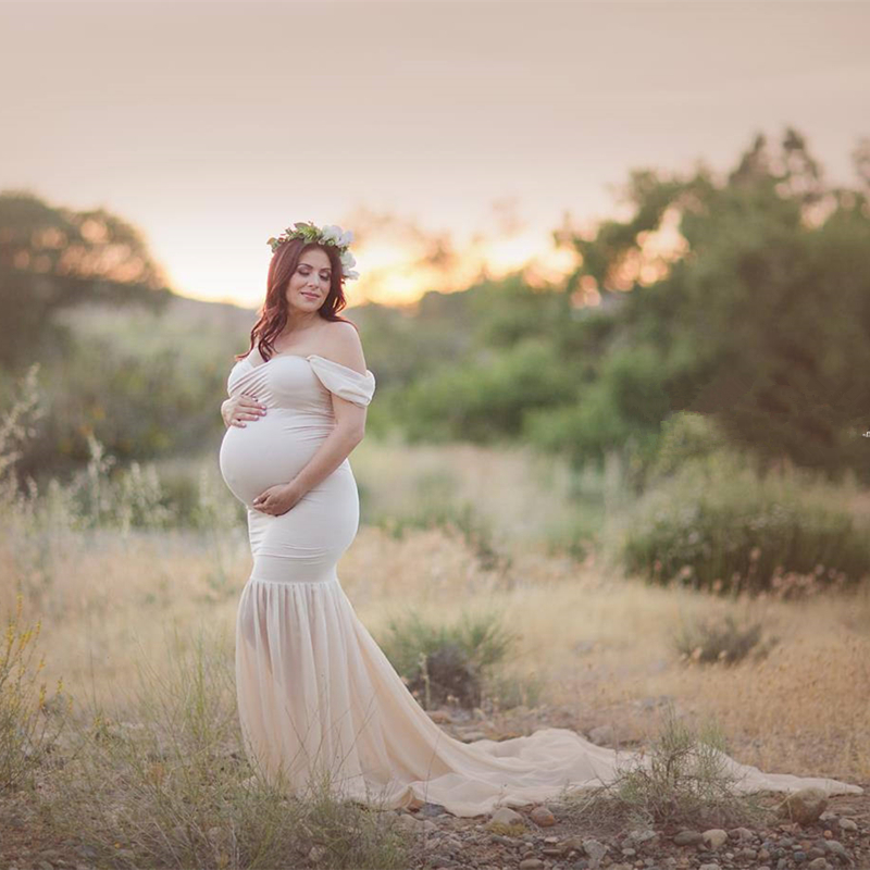 Photography Prop Dress Chiffon Baby Shower With Long Train Maternity Photot Shooting Dresses Stretchy