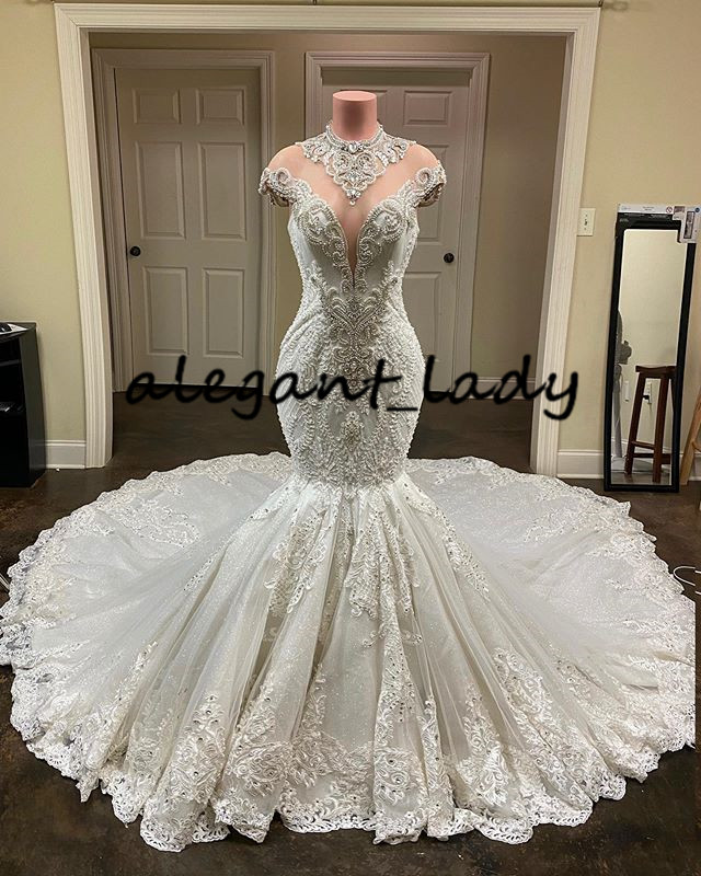 Luxury Cathedral Train Wedding Dresses 2021 High Neck Lace Applique Beaded Mermaid Princess Wedding Gown vestido novia sexy