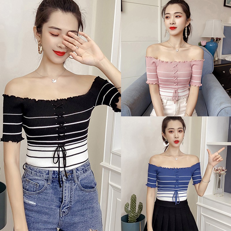 Women T-Shirt Summer Ladies Short Sleeve Knitted Ruffles Sexy Slash Neck Off Shoulder Striped Tee 2020, Pink
Women T-Shirt Summer Ladies Short Sleeve Knitted Ruffles Sexy Slash Neck Off Shoulder Striped Tee 2020, Pink