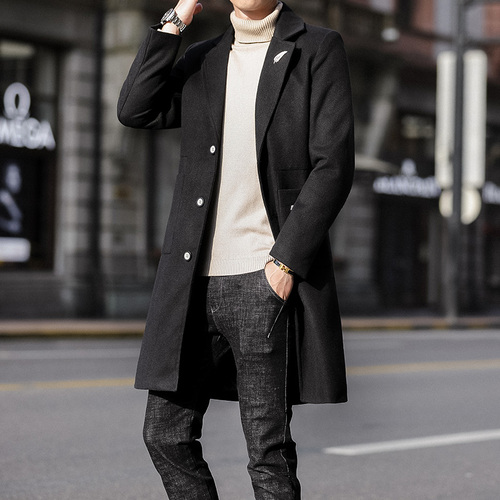 Red Long Woolen Trench Coat Men's Winter Warm Elegant Steampunk Korean Style Overcoat B4
