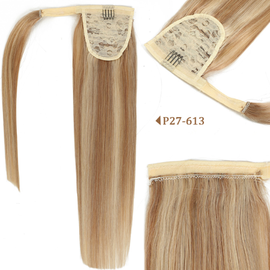 Wraps around Ponytail Human Hair Remy Hair Extensions Brazilian Hair Extensions Clip Ins Natural Blonde Brown Color 27/613 14" 120g